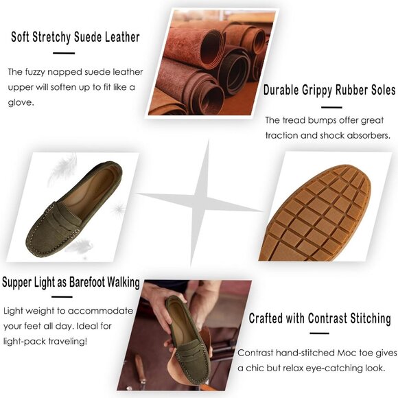 Kordal Women Olive Green Suede Gold Accent Buckle Slip-Ons Walking Flats Loafers - Picture 3 of 9